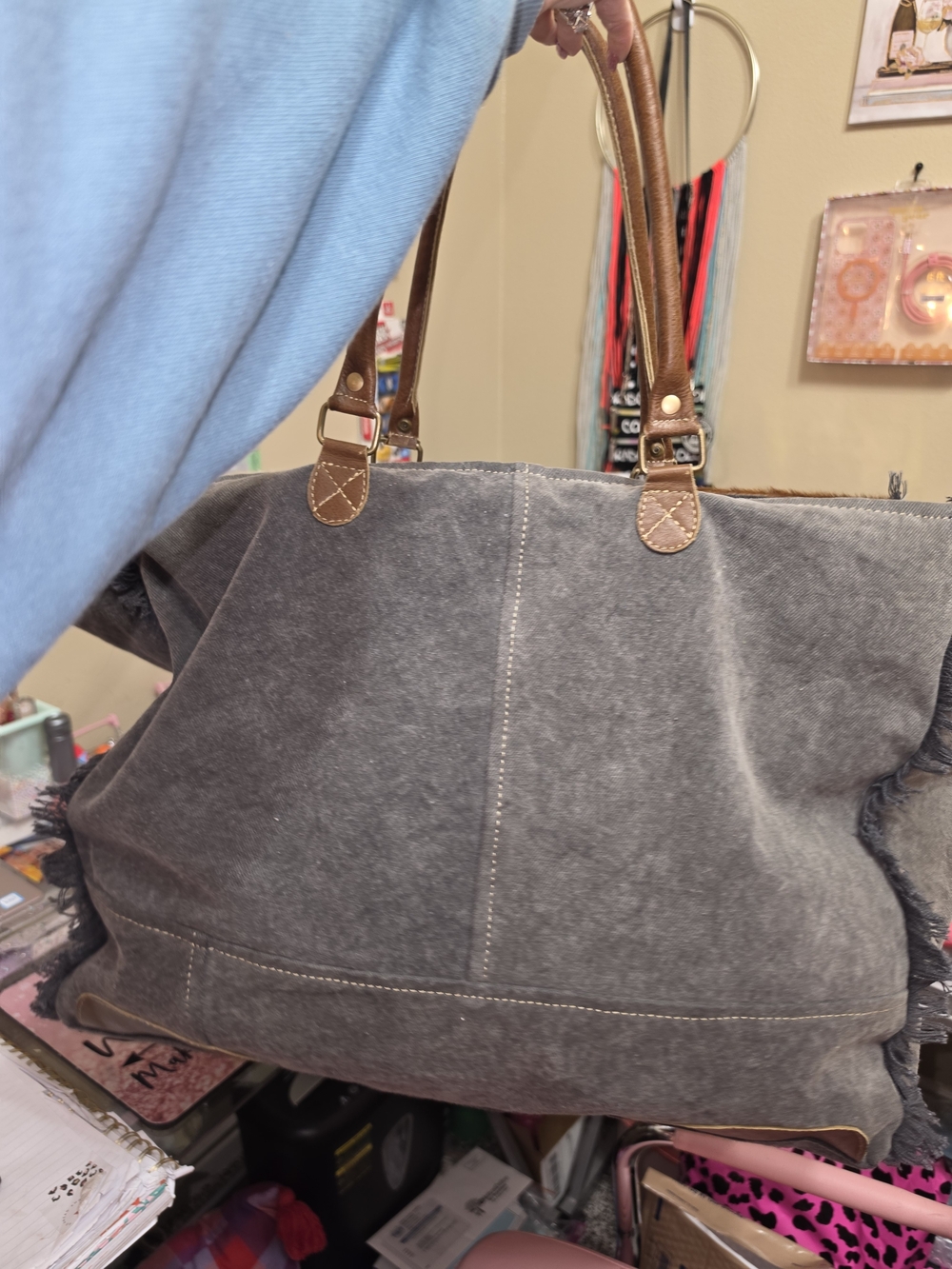 Myra Bag Brown White Gray Handmade Patchwork Travel Tote - Picture 3 of 4